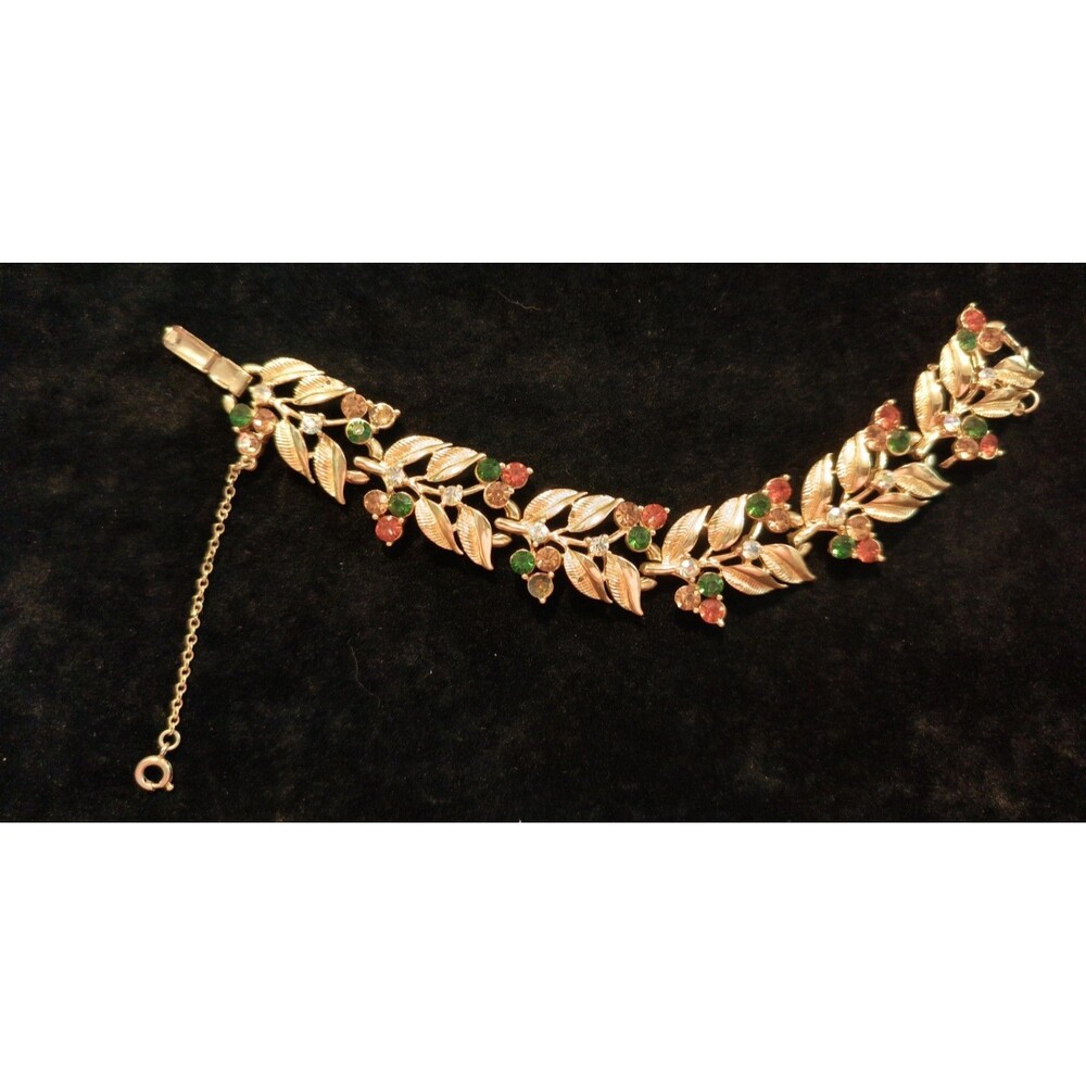 Coro vintage gold tone leaves & flowers bracelet orange green rhinestones
